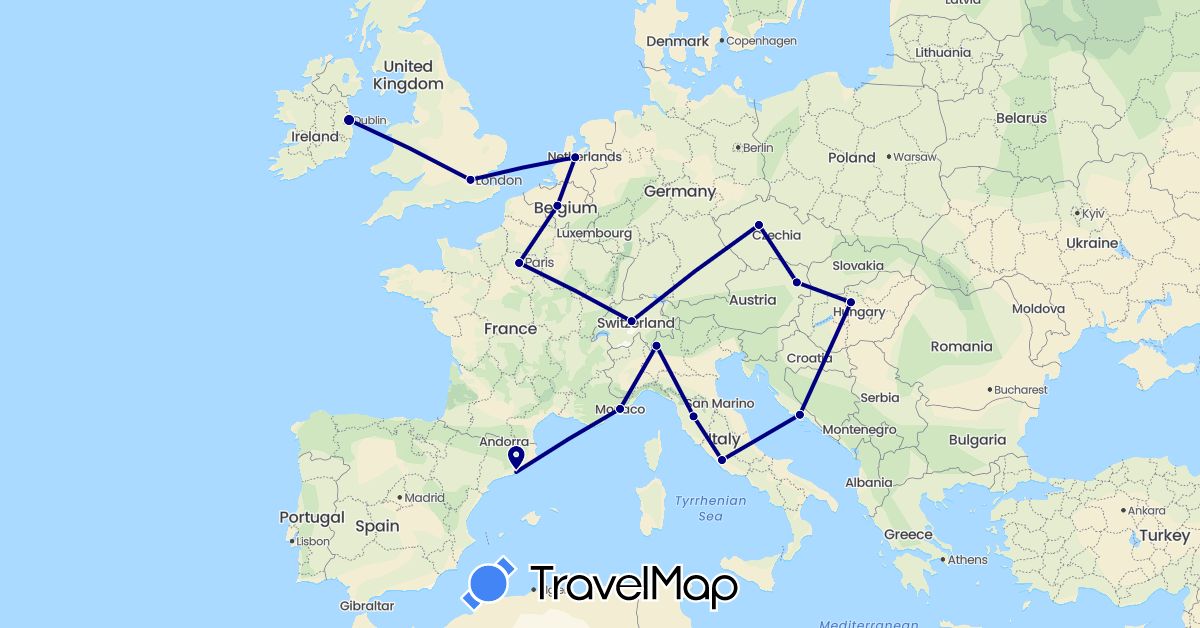 TravelMap itinerary: driving in Austria, Belgium, Switzerland, Czech Republic, Spain, France, United Kingdom, Croatia, Hungary, Ireland, Italy, Monaco, Netherlands (Europe)